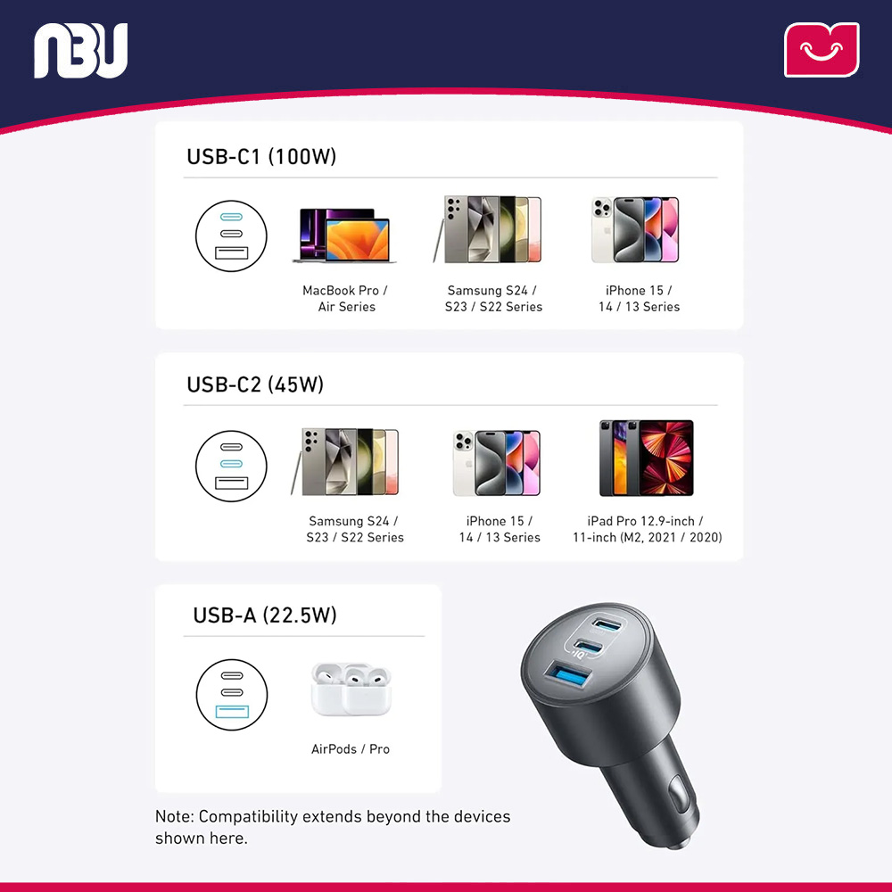 شارژر فندکی 167.5 وات سه پورت (به همراه کابل) انکر مدل nano کد B2737 